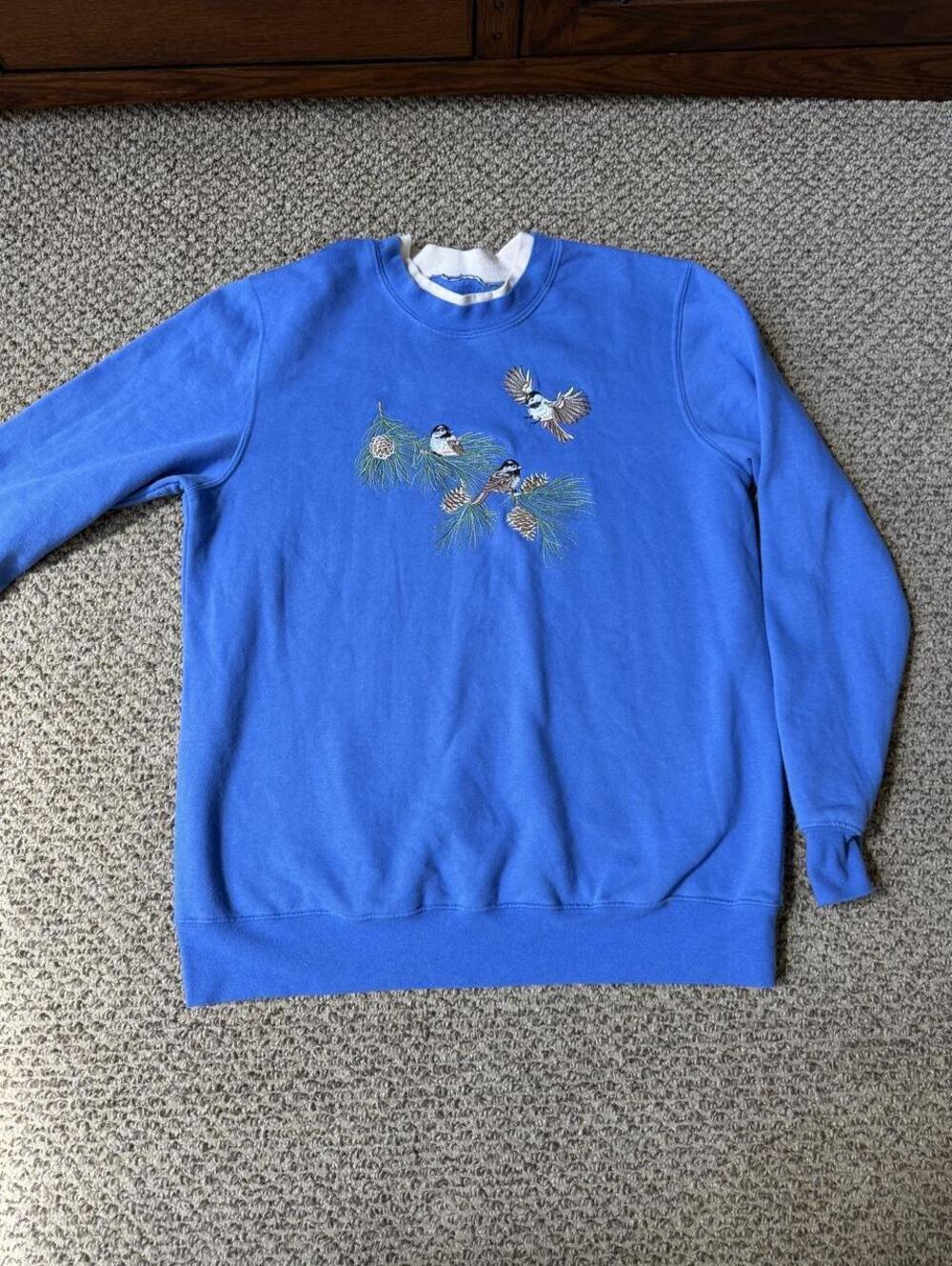 vintage grandma core blue crewneck sweatshirt with embroidered birds